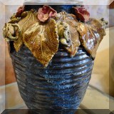 P03. Blue pottery vase with frogs and flowers. 12”h